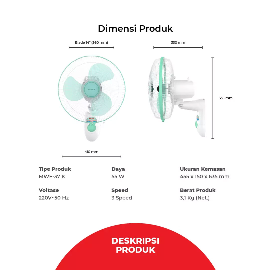 Maspion Wall Fan 14 Inch - MWF-37 K | MWF37K